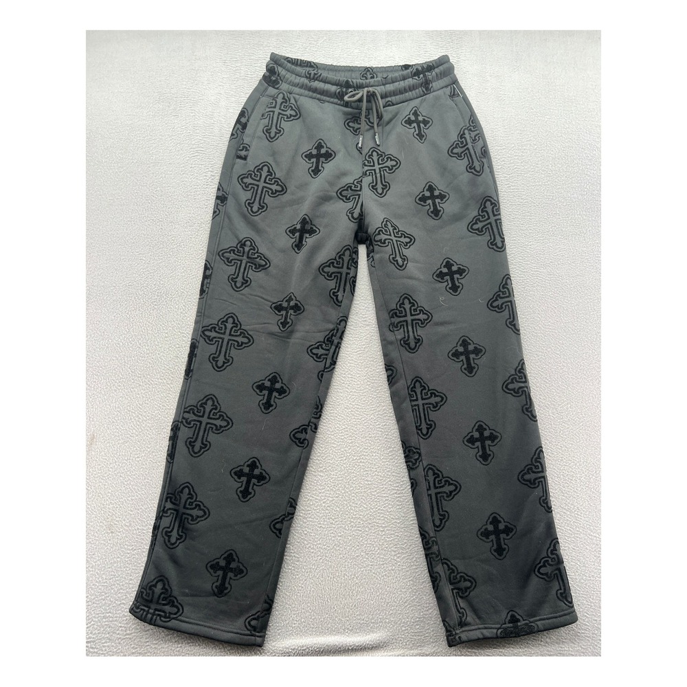 Saints Studio Sweatpants Mens Sz S All Over Flocked Cross Streetwear Grey Black